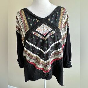 Free People Prairie Days Boho Patchwork Linen Blend Blouse Medium